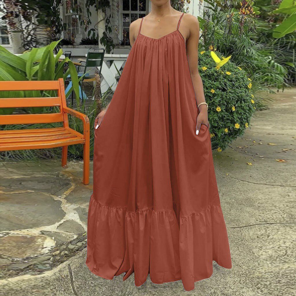 Celmia Summer Dress Women Sleeveless Ruffled Maxi Long Dress Casual Loose Solid Pleated Beach Vestido Robe
