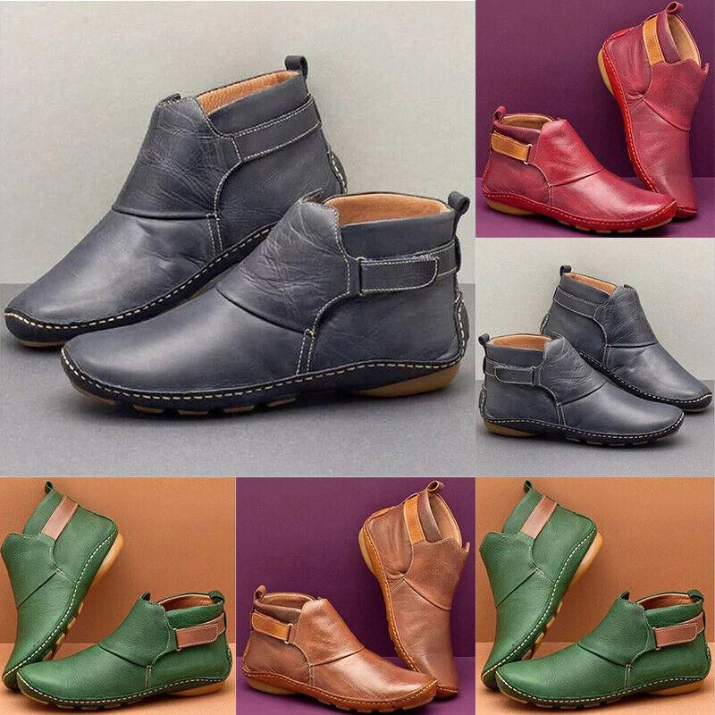 Women Arch Support Ankle Boots Round Toe Casual Slip On Flat Heel Leather Shoes