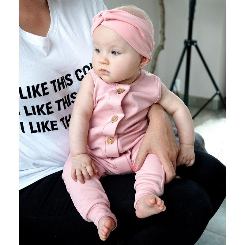 Baby Solid Color Clothes Set, Girls Sleeveless O-neck Button-up Jumpsuit + Knot Headband