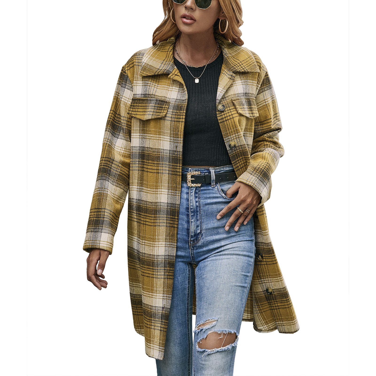 Women's Long Shirt Coat, Classic Long Sleeve Single Breasted Plaid Print Shacket Jacket