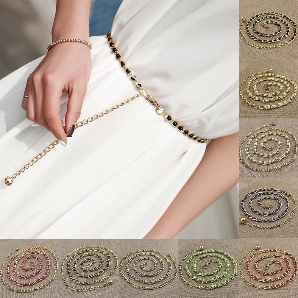 Women Fashion Imitation Pearl Waist Chain Female Olivet Thin Belts Ladies Dress Accessories