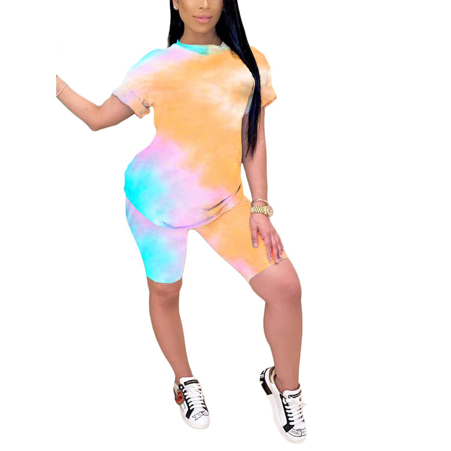 2021 2 Pieces Sweat Suit Set for Women, Tie-Dye Print Round Neck Short Sleeve T-Shirt+Pants, S/M/L/XL/XXL