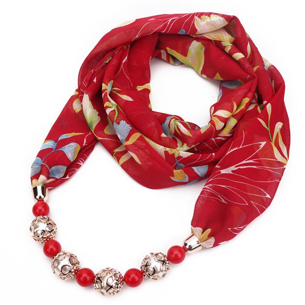 Fashion Women Flower Print Faux Pearl Beads Pendant Necklace Chiffon Scarf Wrap