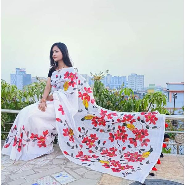 Hand Print New Excellent,Fashionable, Stylish and Comfortable, Half Silk Sharee For Women bY Amlaki হ্যান্ড প্রিন্ট শাড়ি