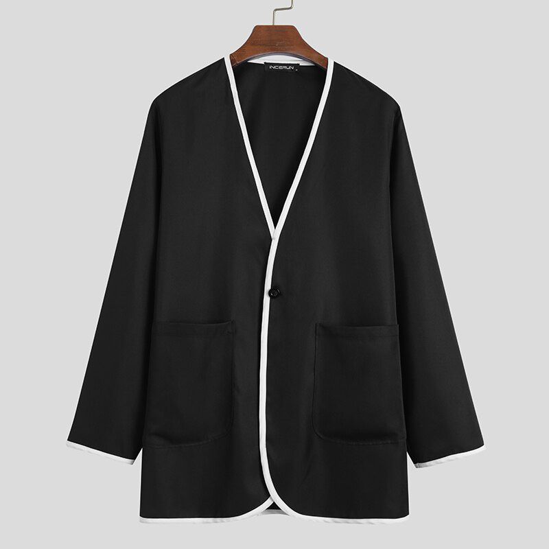 Fashion Men Casual Shirt Streetwear V Neck Patchwork Korean Style Long Sleeve Tops Pockets Camisas 2021 Mens Shirts INCERUN