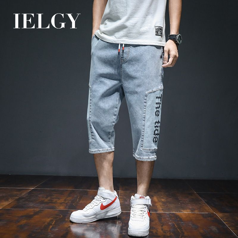 IELGY seven-point denim shorts men's summer thin section loose straight Korean version of the trend of men's pants casual tide brand pants men