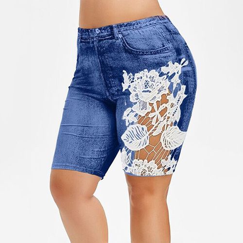 Yoga Shorts Women High Waist Plus Size Faux Denim Leggings Short Summer Lace Slim Fit Knee Length Workout Elastic Shorts