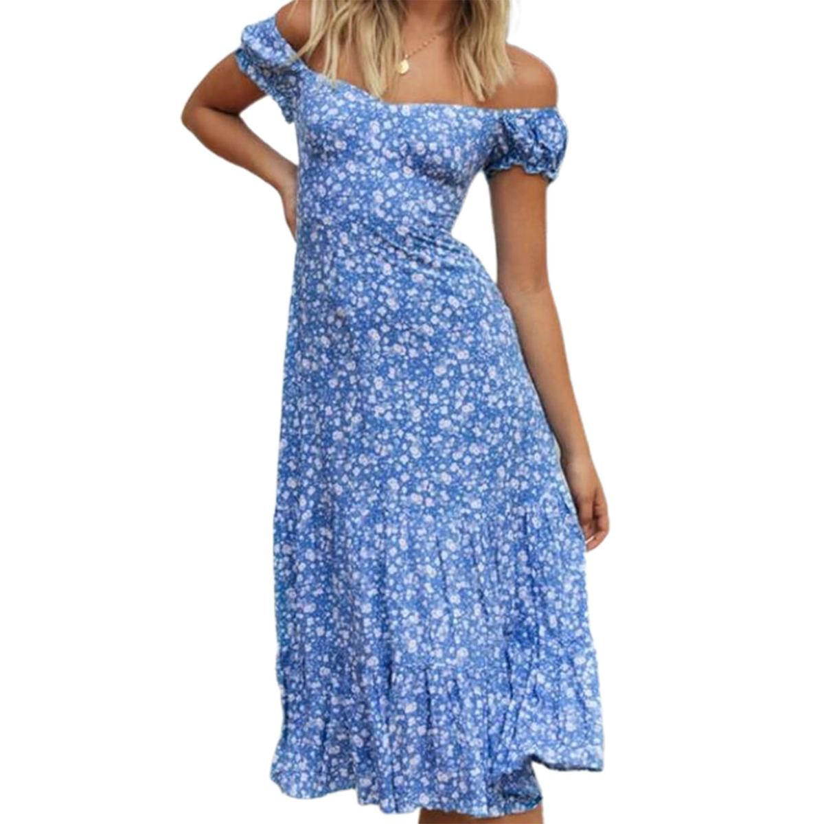 Off Shoulder Print Puff Short Sleeves Lacing Slim Midi Dress Sundress for Beach