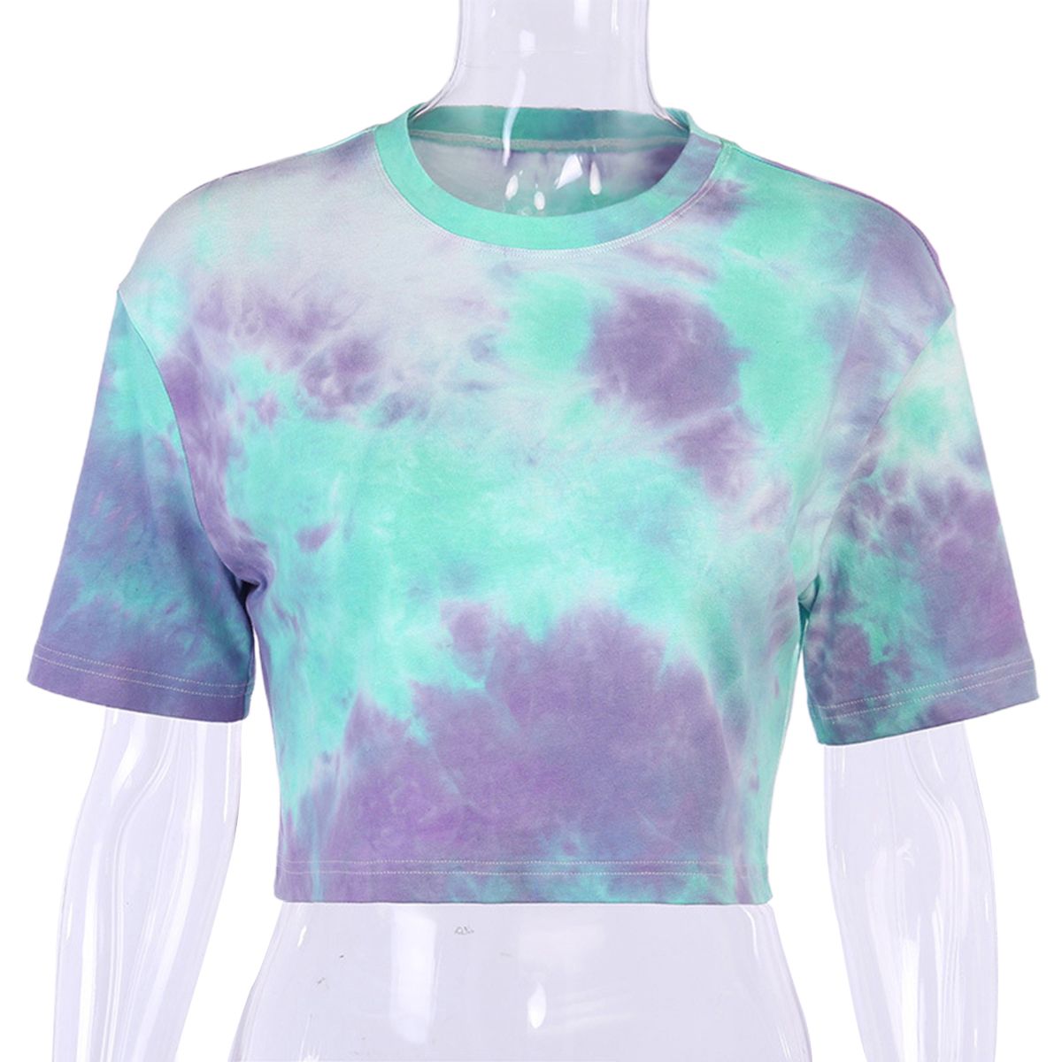 New Colorful Tie Dye Crop Top for Women, Round Neck Short Sleeve Ins Popular Pullover Short Tees Tops