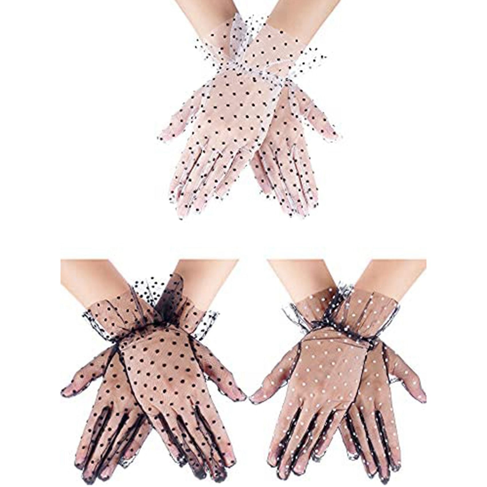 3 Pairs Polka Dot Lace Gloves Short Elegant for Women Ladies Wedding Halloween Party Costume Favors,Color 1