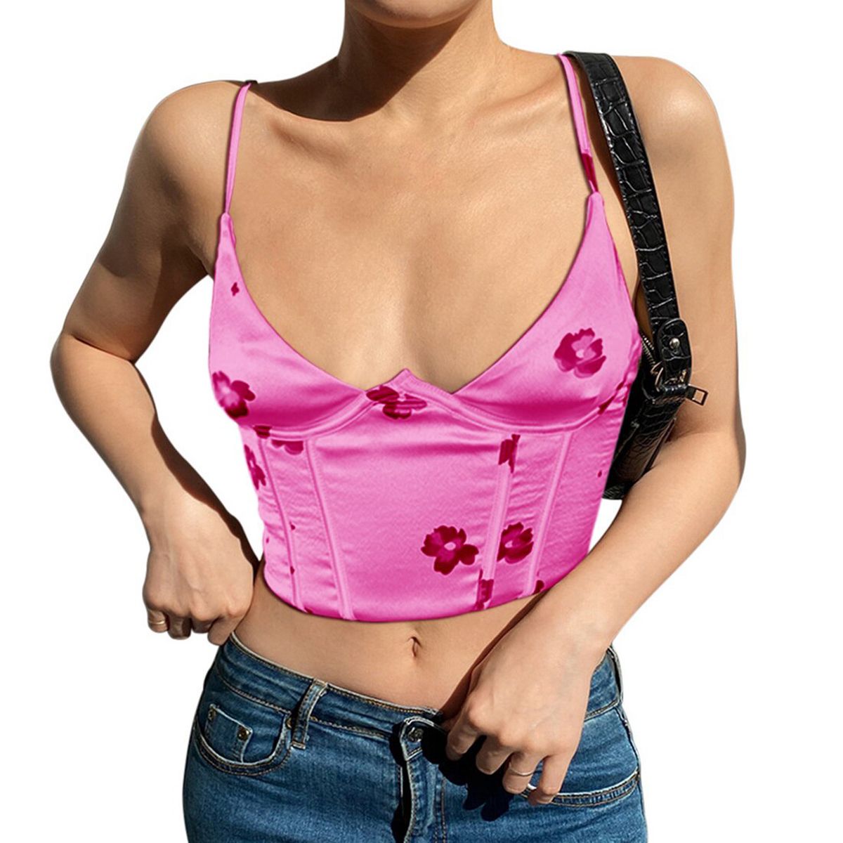 V Neck Satin Corset Top With Straps Summer Floral Print Clothes Blue Sleeveless Club Women Crop Tops