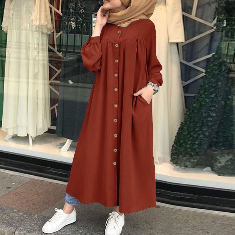 Muslim Women Long Sleeve Button Up Abaya Kaftan Casual Loose Baggy Maxi Dress Plus Size