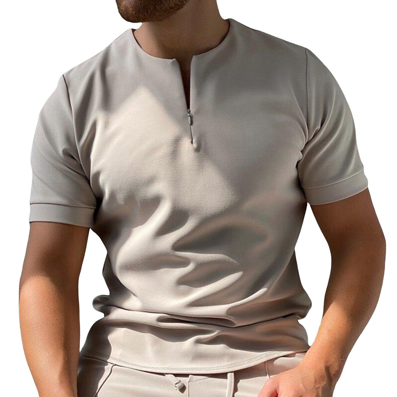 Men Casual Short Sleeve T-shirt, Solid Color Quarter Zip Round Collar Pullover, M-XXXL