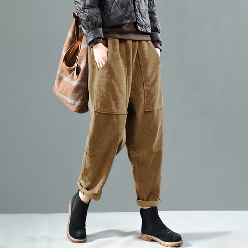 Women Corduroy Pants Autumn Elastic Waist Solid Long Trousers Vintage Harem Pants Palazzo Loose Turnip Pantalon Casual