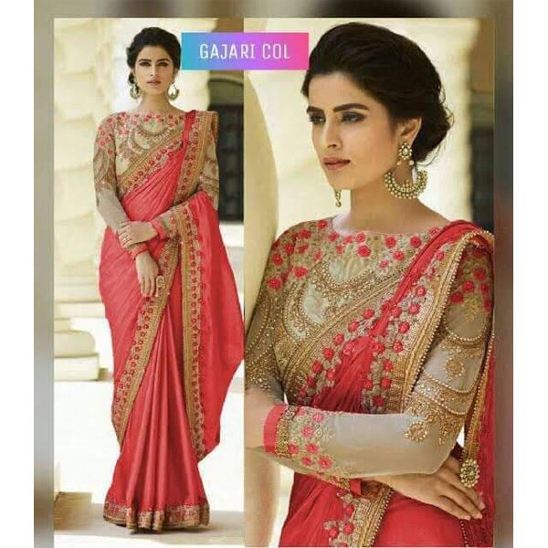 Indian Weightless Georgette Saree Gajari   Color High Quality Embroidery Work On Blouse