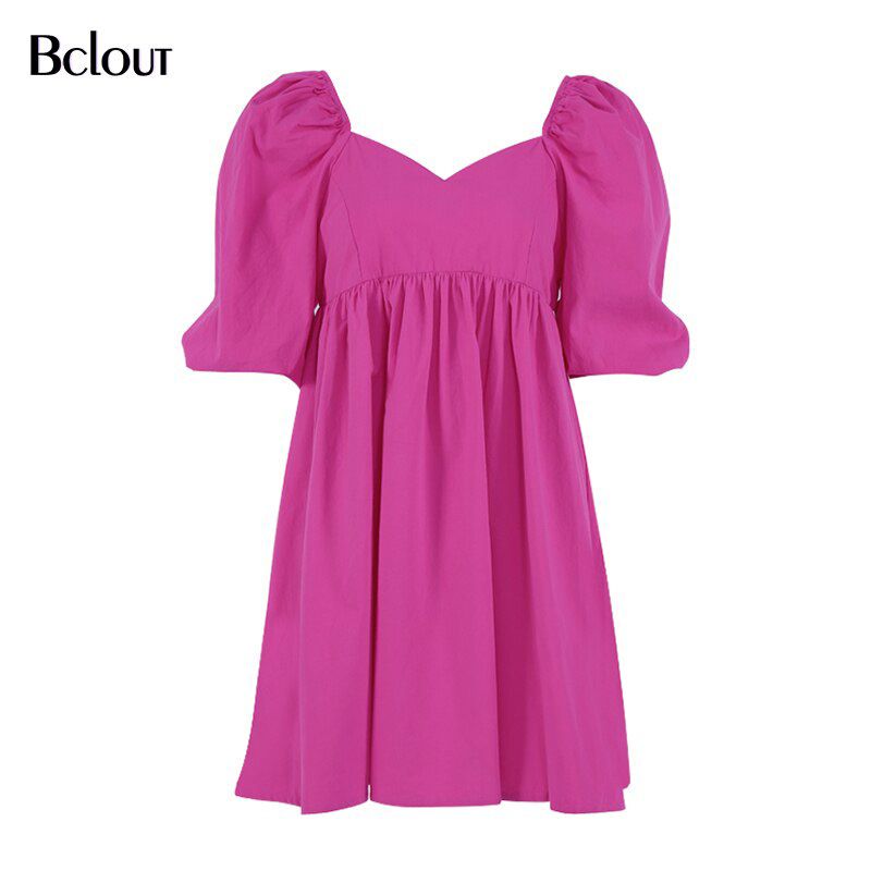Bclout Vintage Blue Black A-Line Mini Dress Woman Summer Loose Patchwork Party Dress V Neck Half Sleeve Party Vestido