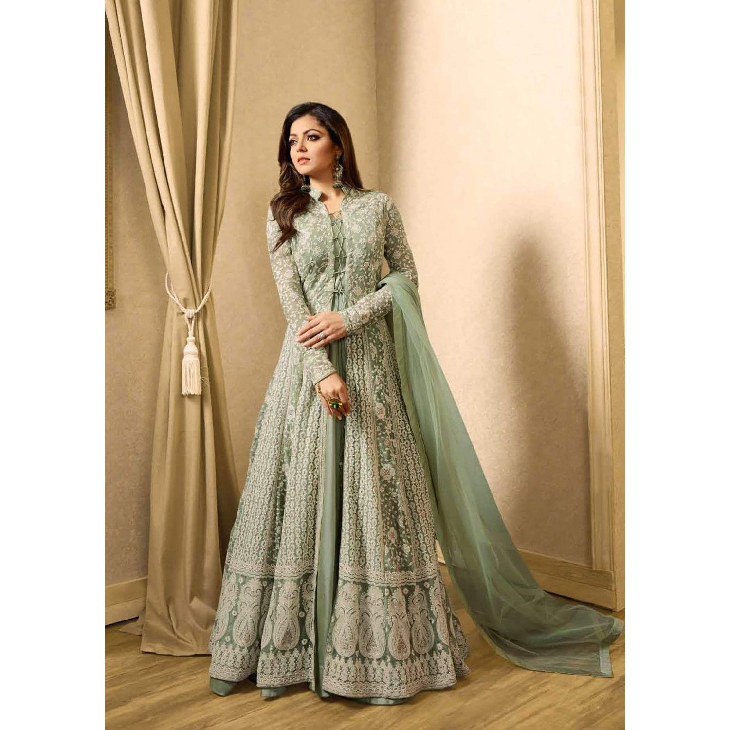 Unstitched Medium Aquamarine Georgette Gown For Women