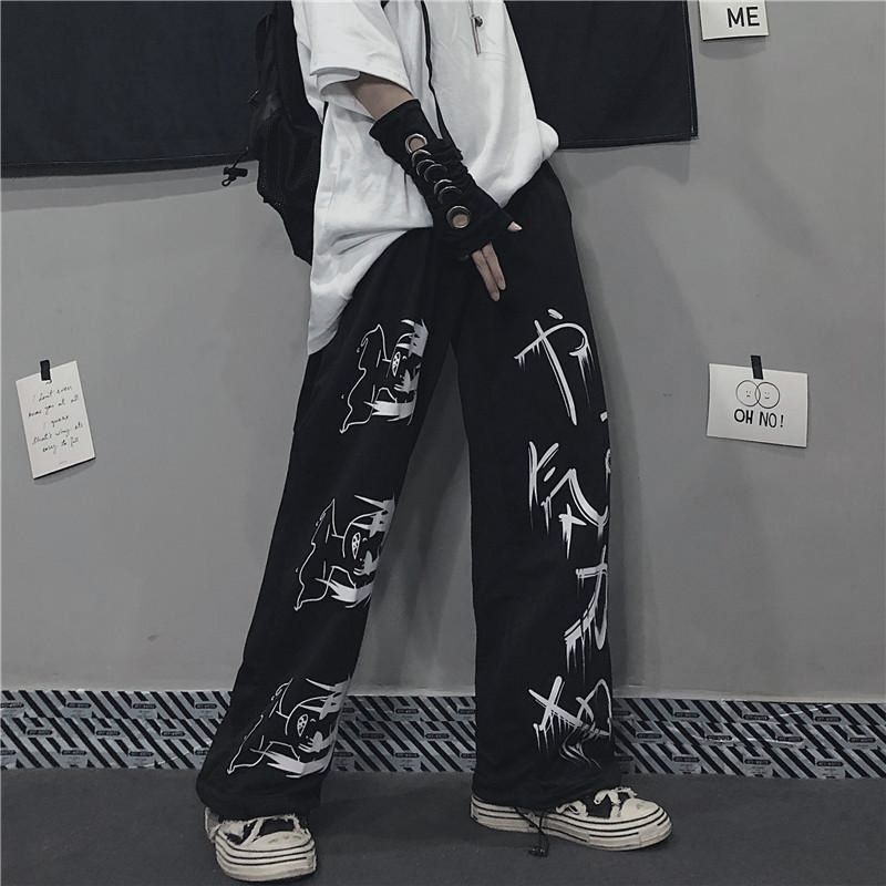 Japanese Anime Print Sweatpants Women Vintage Streetwear Oversize Wide Leg Pants Jogging Casual Trousers Female Mall Goth