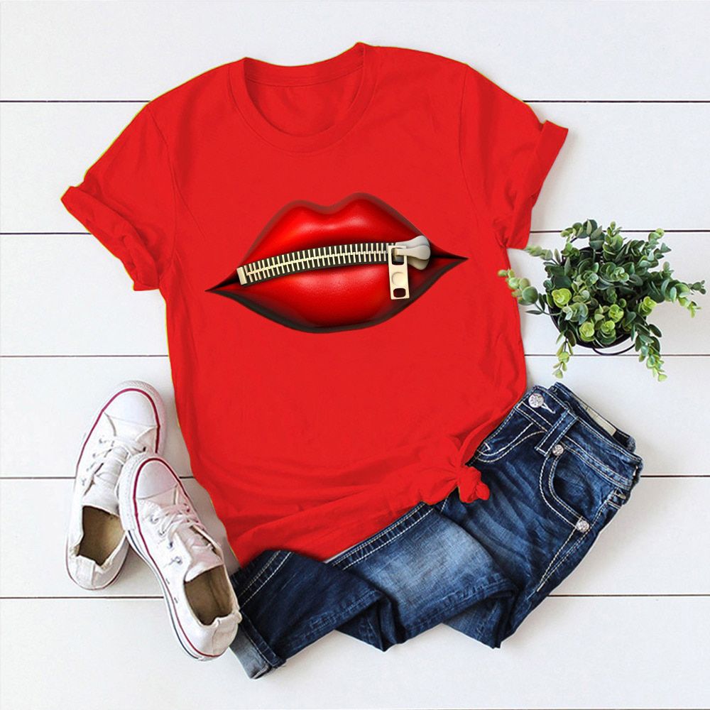 Fashion Women's Casual Sequins Red Lip T-Shirt Short Sleeve T-Shirts 2020 Vintage Creativity zipper Lips T-Shirt,drop ship