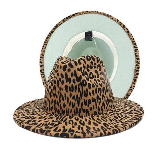 9.5CM big brim top hat men women concave top leopard print red woolen fedora hat autumn winter color matching jazz Panama hat