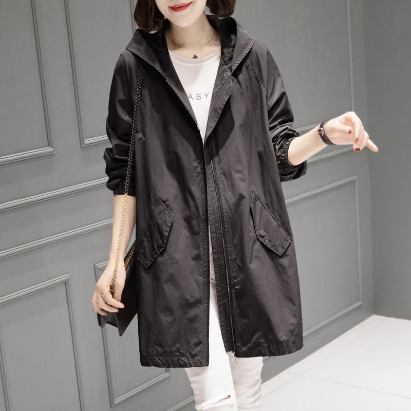 Spring Autumn Large Size Hooded Windbreaker Coats Women's Mid-Length Trench Coat New thin Female Coat Casual Outerwear