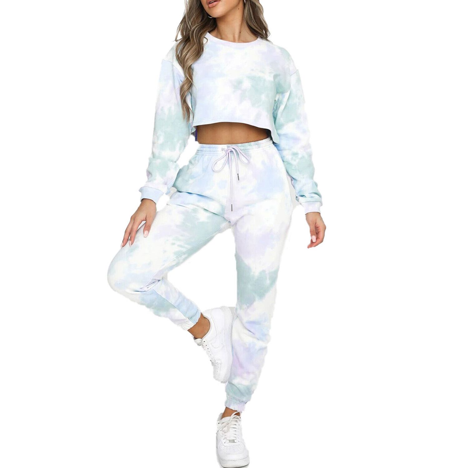 2021 2 Pieces Suit Set, Women’ s Tie-Dye Print Round Neck Long Sleeve Crop Top+ Trousers, S/M/L/XL/XXL