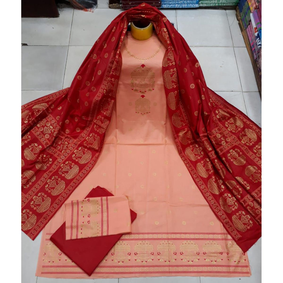 Unstitched Salmon Color Cotton Screen Printed Salwar Kameez for Women