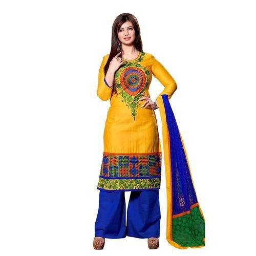 Unstitched Yellow And Blue Cotton Block Printed Shalwar Kameez For Women