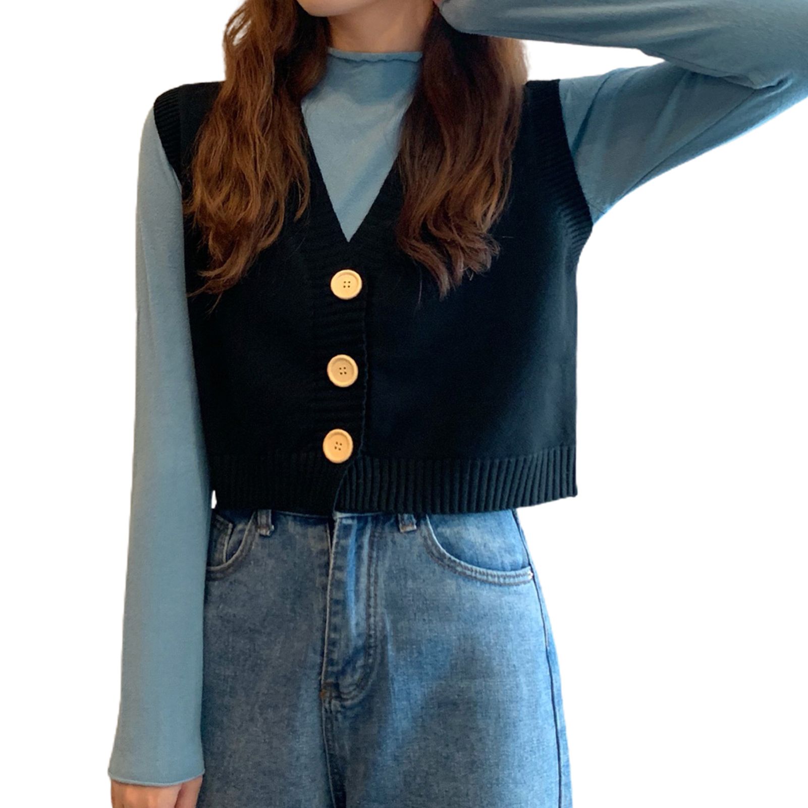 Knitted Waistcoat Ribbed Edge V-Neck Pure Color Knitting Vest