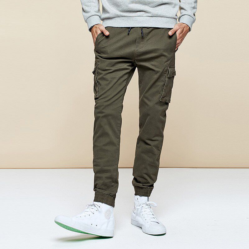 KUEGOU Cotton Spandex Spring Men's Casual Pants  Fashion Slim Jogger Trousers Multipleckets Safari Plus Size KK-2918