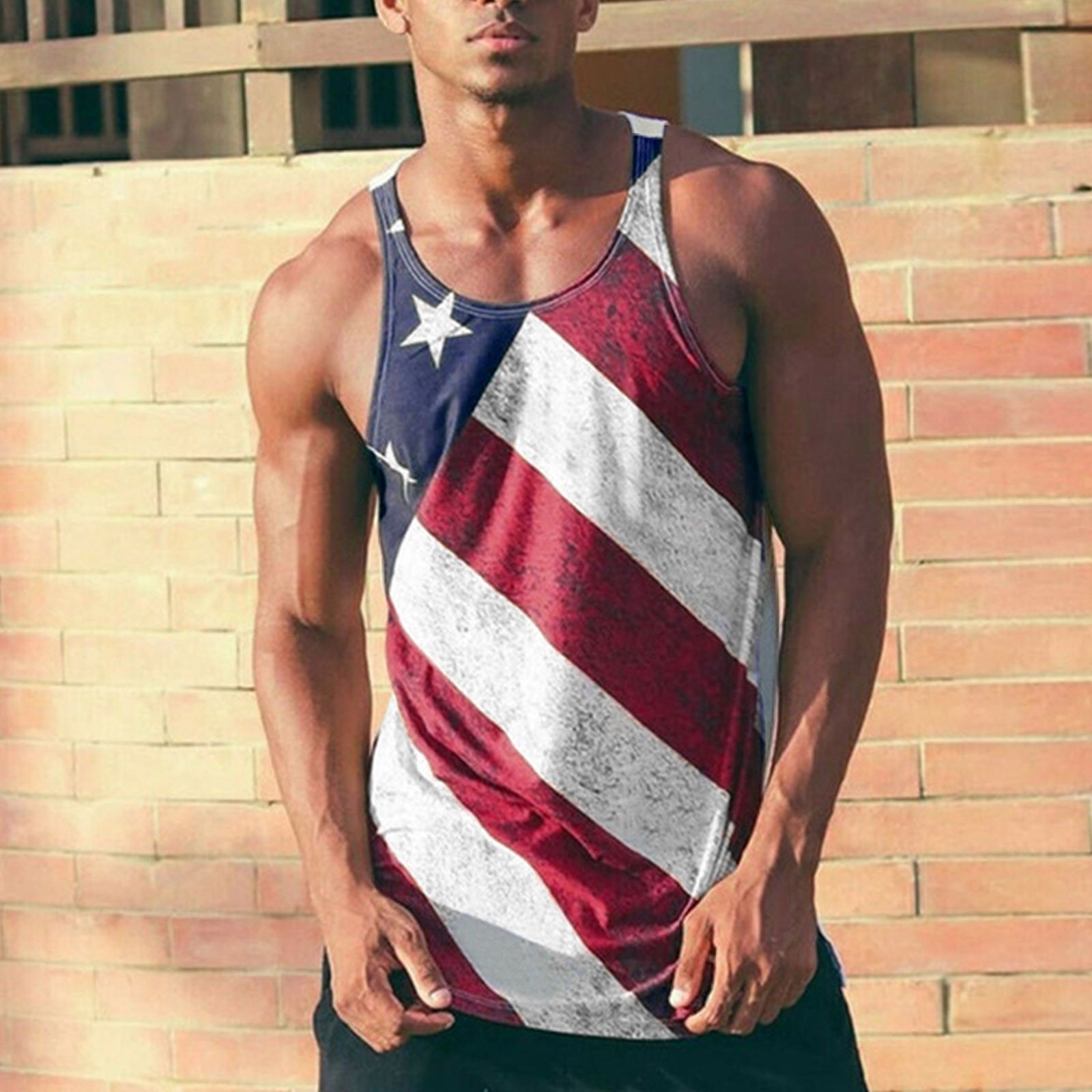 Men Summer TaTops Vests Us Flag Printing Independence Day TaTops Star Striped Round Neck Sleeveless Streetwear Casual Top