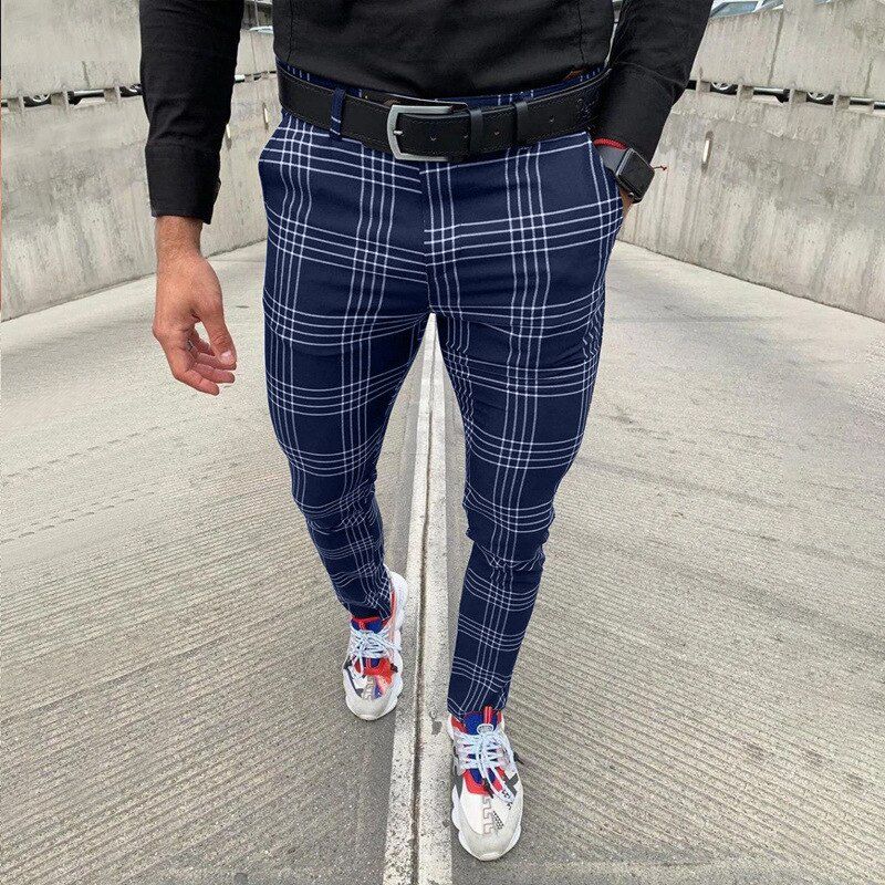 Fashion Plaid Print Mens Slim Pants Casual Spring Summer Skinny Pencil Pants Mid Waist Trousers For Men Clothes Streetwear