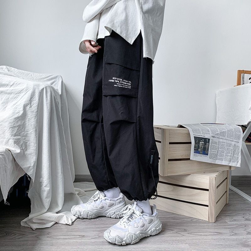 Men's Side Pockets Cargo Harem Pants Ribbons Black Hop Casual Male Joggers Trousers Fashion Casual Streetwear Pants