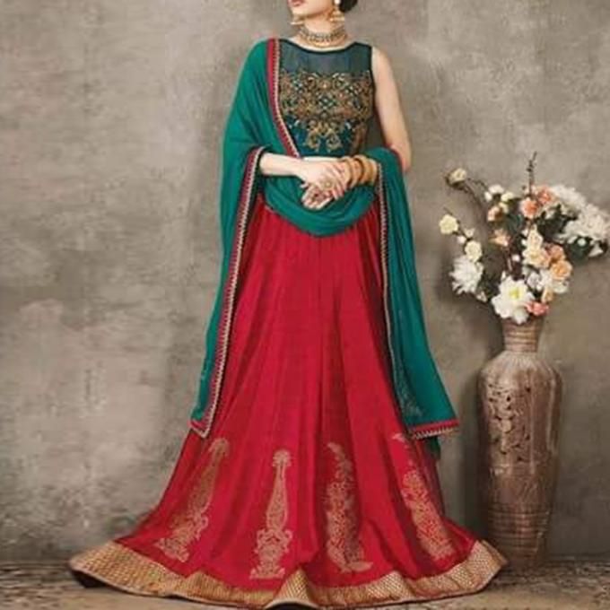 Red  and  Dark  Green  Semi-Stitched  Georgette  Gown  for  Women