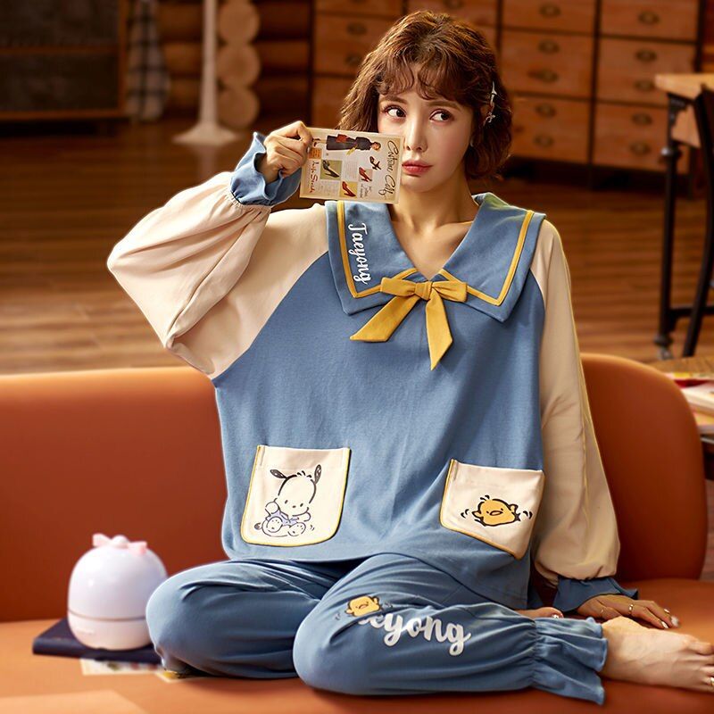 Pajama Sets Women Kawaii Print Chic Ulzzang Soft Spring Fall Lady Pjs Sleepwear Oversize Popular Ins Loose Preppy Girls Homewear