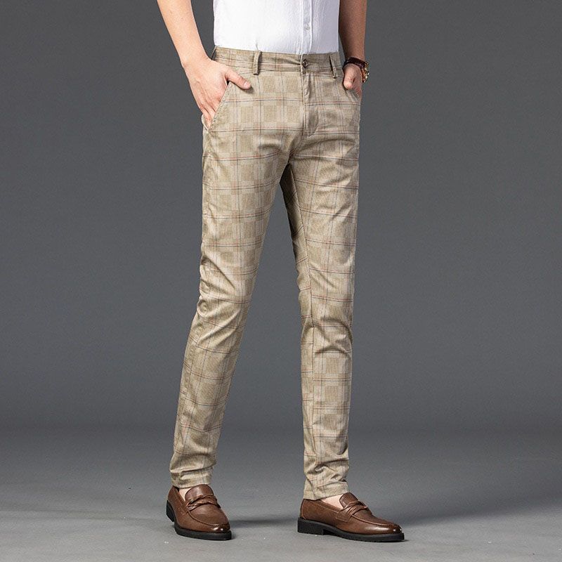 2022 Spring Summer Casual Pants Men Fashion Korean Streetwear Men's Straight Slim Fit Pants Trousers Black Plaid Suit Pants Men