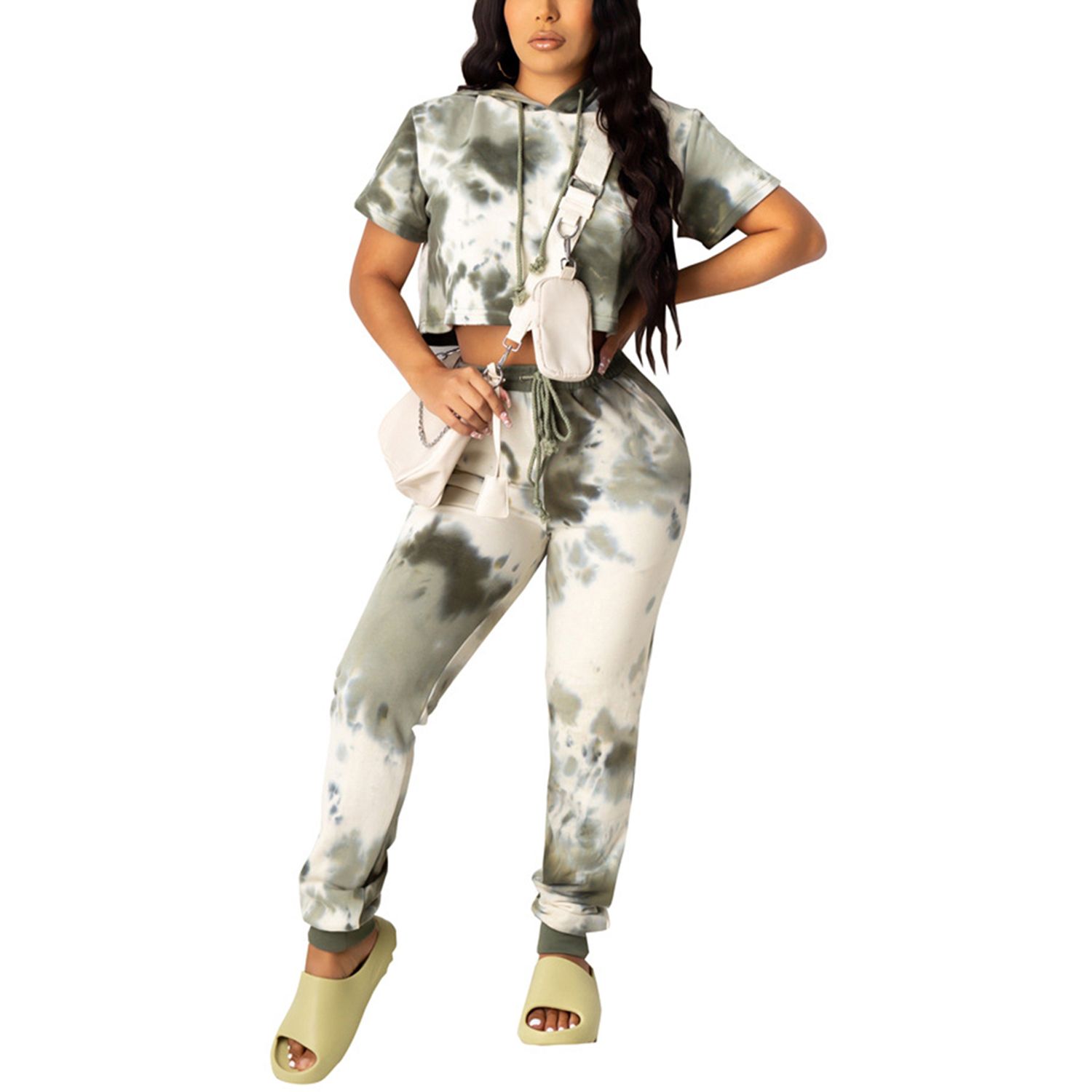 2021 Women Two-piece Clothes Outfit, Tie-dyed Printed Pattern Short Sleeve Hooded Crop Top + Long Pants,
