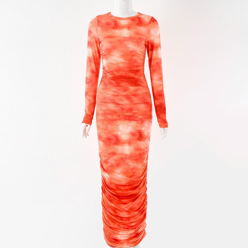 Dulzura Tie Dye Print Women Long Sleeve Ruched Midi Dress O Neck Bodycon Streetwear Autumn Winter Clothes Slim Club