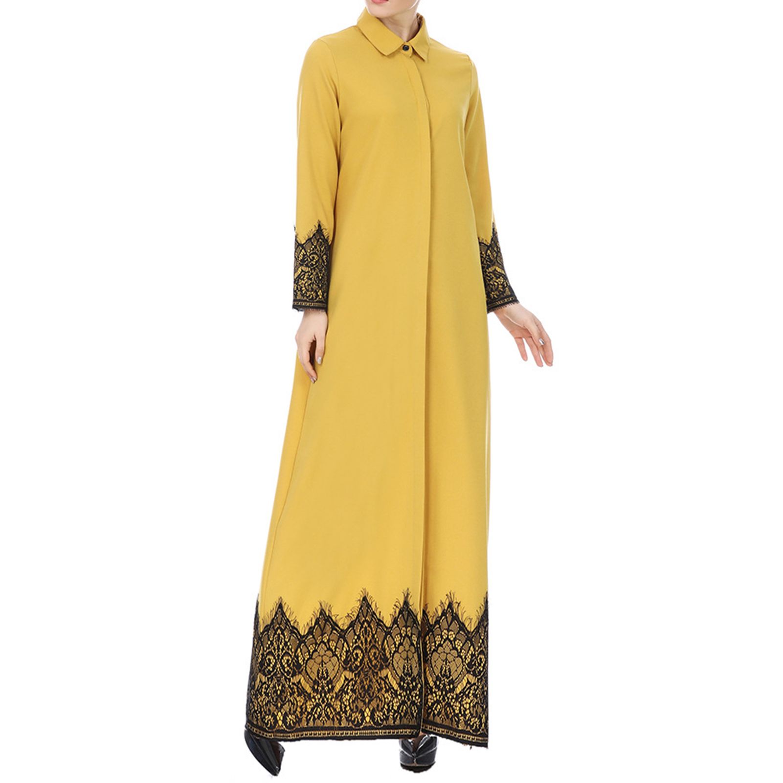 Autumn Dress Ankle Length Buttons Closure Pure Color Casual Dress