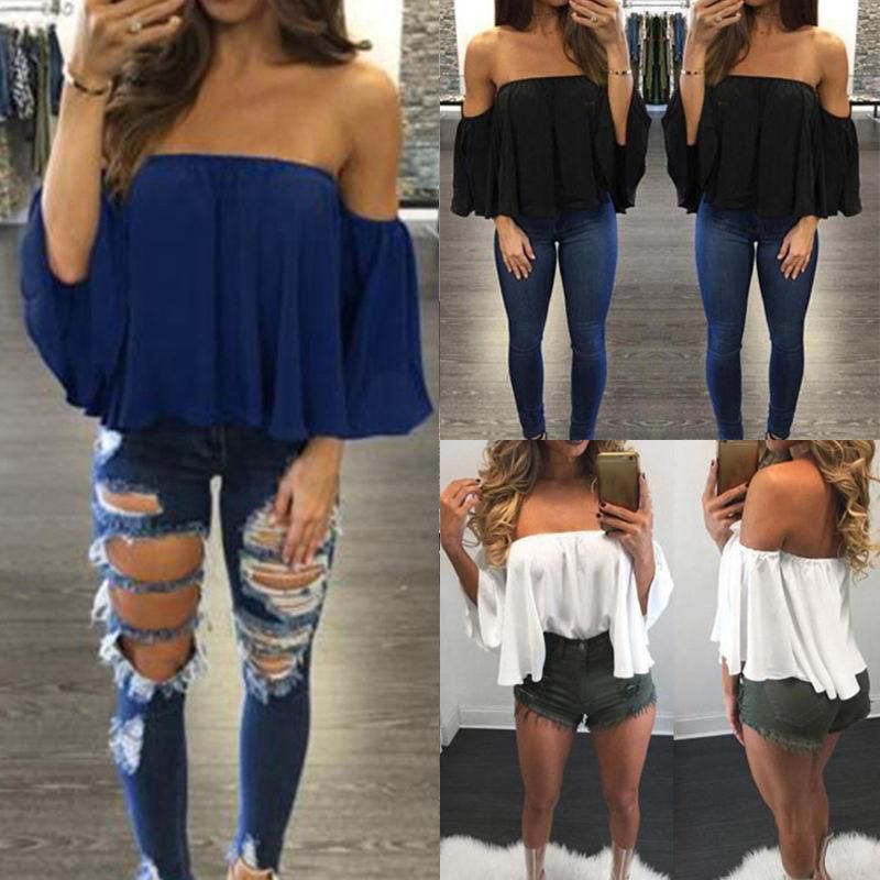 Fashion Wanita Wanita Musim Panas Renda Bahu Blus Kasual Crop Top T-shirt