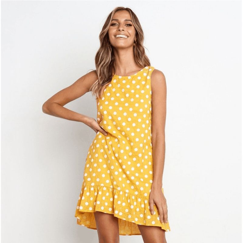 Lossky Women Summer Dress Polka Dot Chiffon Sleeveless Beach Mini Casual Yellow Sundress Fashion Plus Size Dress For Women