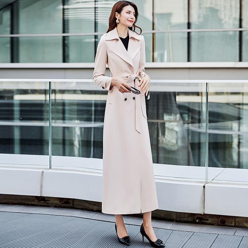 Spring Long Trench Women Double ed Belt Elegant Slim Solid Beige Trench Coat Thin Ladies Loose Outwear Long Windbreaker