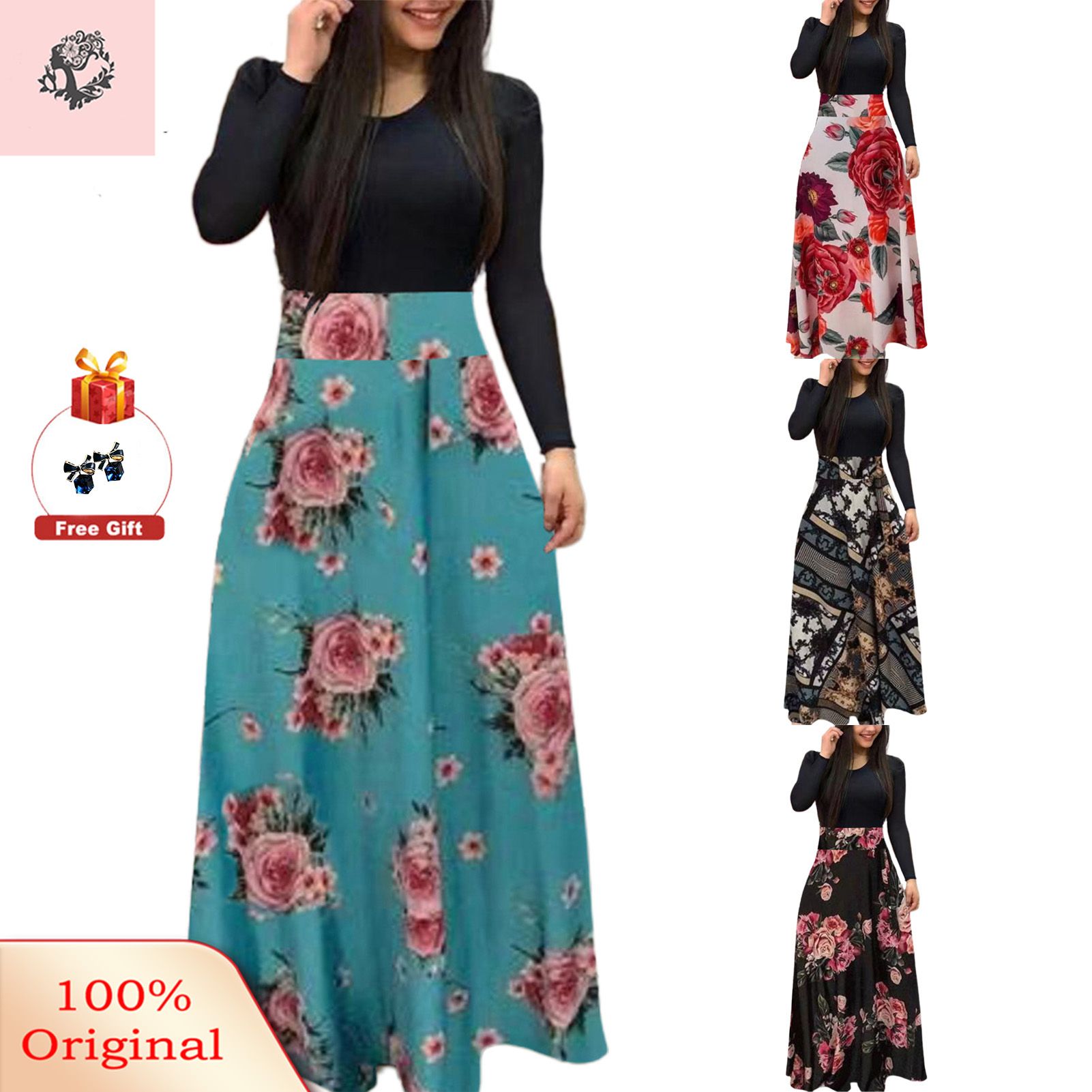 2022 New Style Nice Spring Autumn Long Dress Floral Pattern Patchwork Large Hem Tight Dress for Banquet