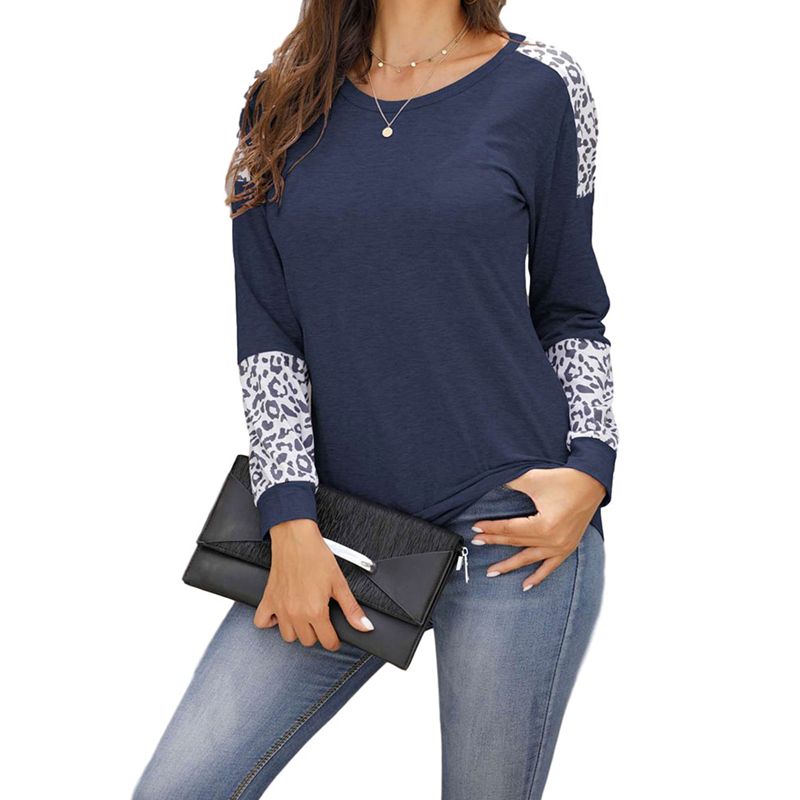 Women's Leisure Long Sleeve T-shirt, Casual Loose Round Collar Blouse, Splicing Contrast Color Top