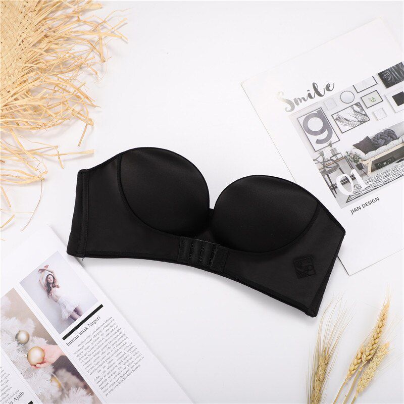 strapless non-slip female underwear small chest thickened front three rows of buckles gathered invisible push up bra