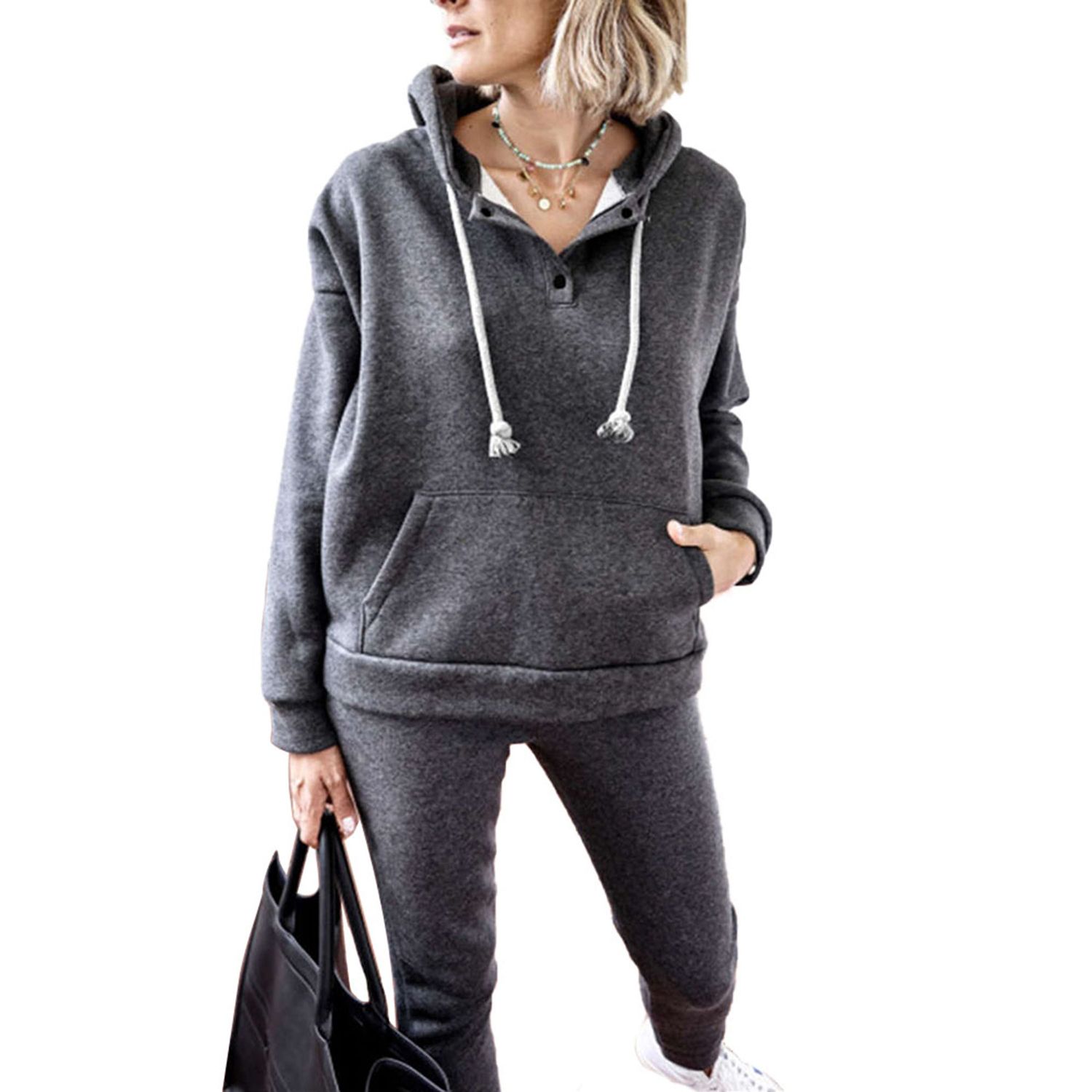 2021 Women Casual Solid Color Sweatshirts, Buttons Neck Lightweight Long Sleeve Hoodies with Pocket