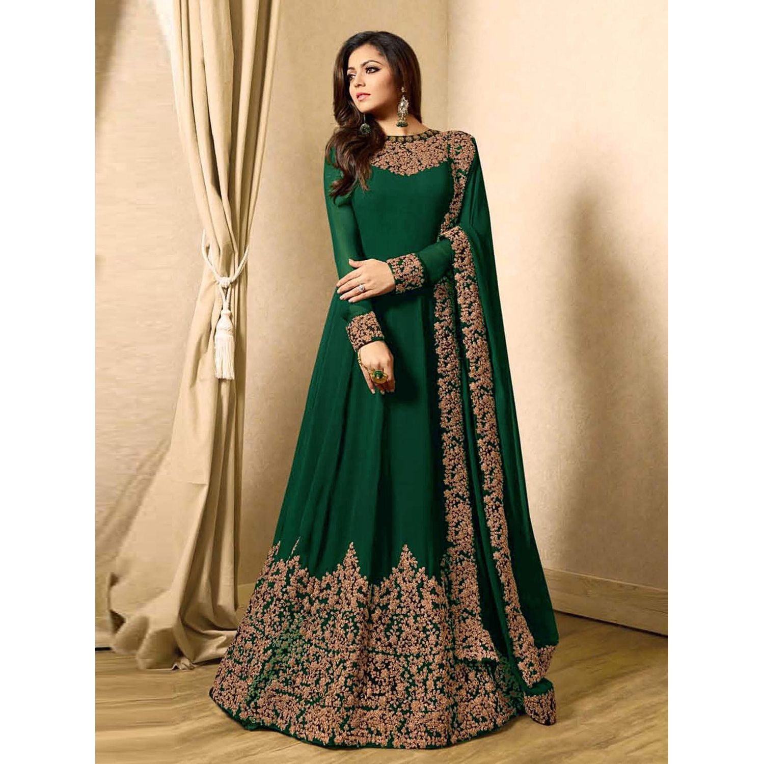 Green Georgette Embroidery Semi Stitched Perty Dress for Women