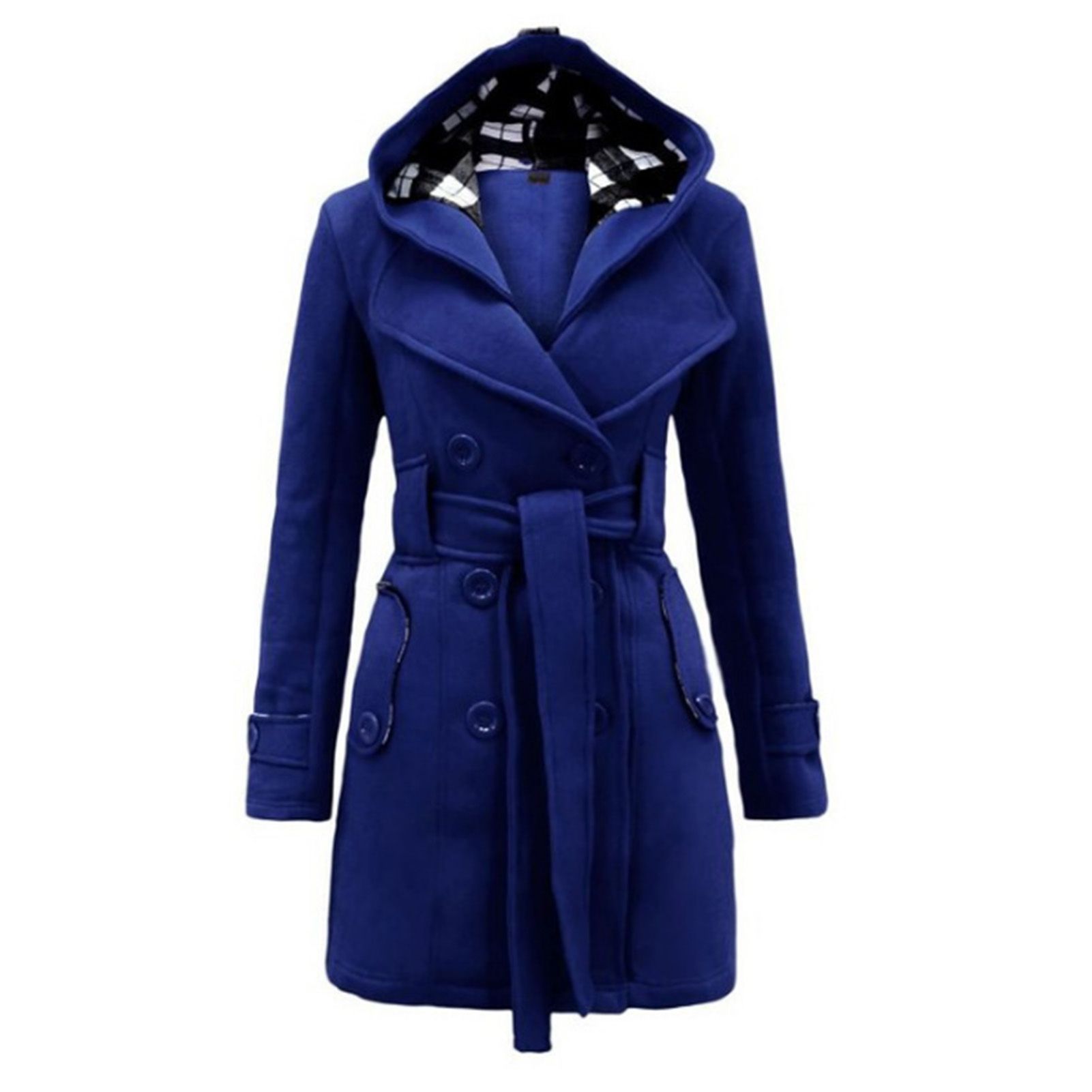 Winter Coat Slim Fit Plaid Hooded Double-Breasted Woolen Coat