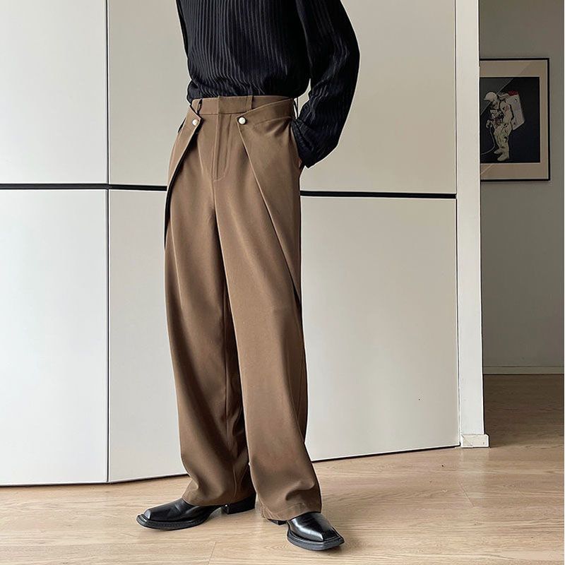 IEFB Menswear Chic Suit Pants Pearl Buckle Folded Design 2022 New Loose High Waist Long Pants Casual Straight Trousers 9D0676