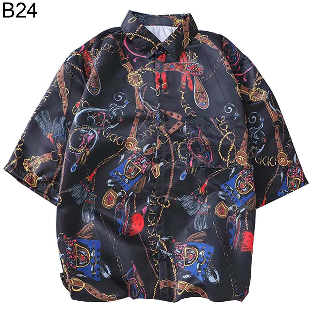 Men Summer Beach Loose T-shirt Floral Print Turn Down Collar Half Sleeve Top